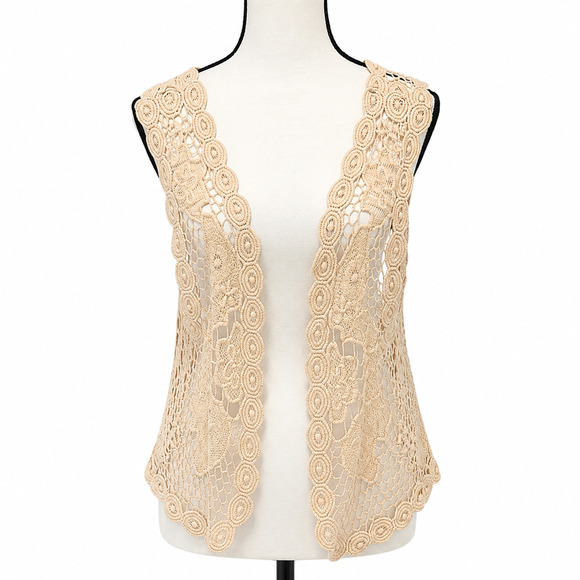 Soul Cake Tops - Soul Cake Crochet Lace Vest Womens Size L/XL Tan 100% Cotton Bohemian Festival